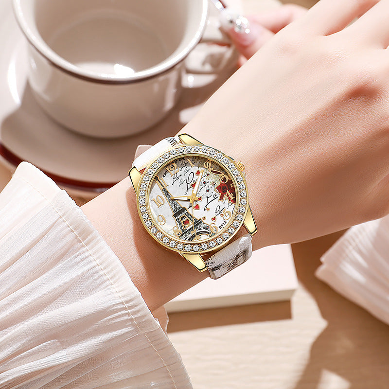 fashion snake print belt printing women's watch eiffel tower digital diamond-encrusted british watch student watch