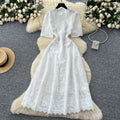 French high-end vintage embroidered cinched-waist short-sleeve dress - women's  summer slimming, elegant, and chic maxi dress
