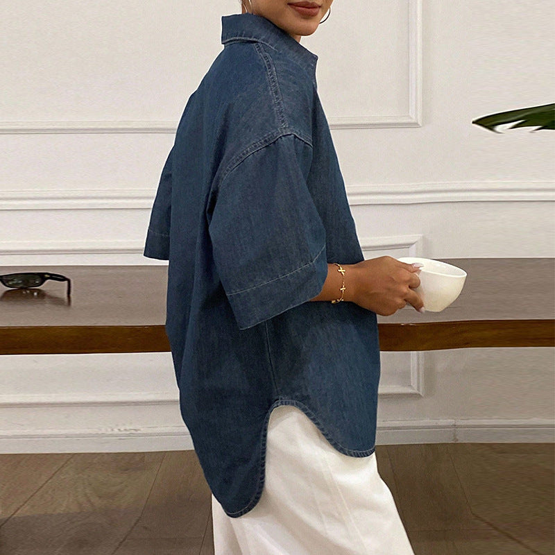 Customized European and American temperament short-sleeved shirt, denim blue V-neck pullover, loose shirt, look at the picture, contract labor and material processing