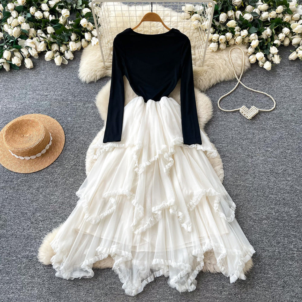 Frenchfake two-piece mesh patchworkdress women's autumn wear slimming look cake skirt rufflespatchwork long skirt elegance style