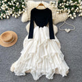 Frenchfake two-piece mesh patchworkdress women's autumn wear slimming look cake skirt rufflespatchwork long skirt elegance style