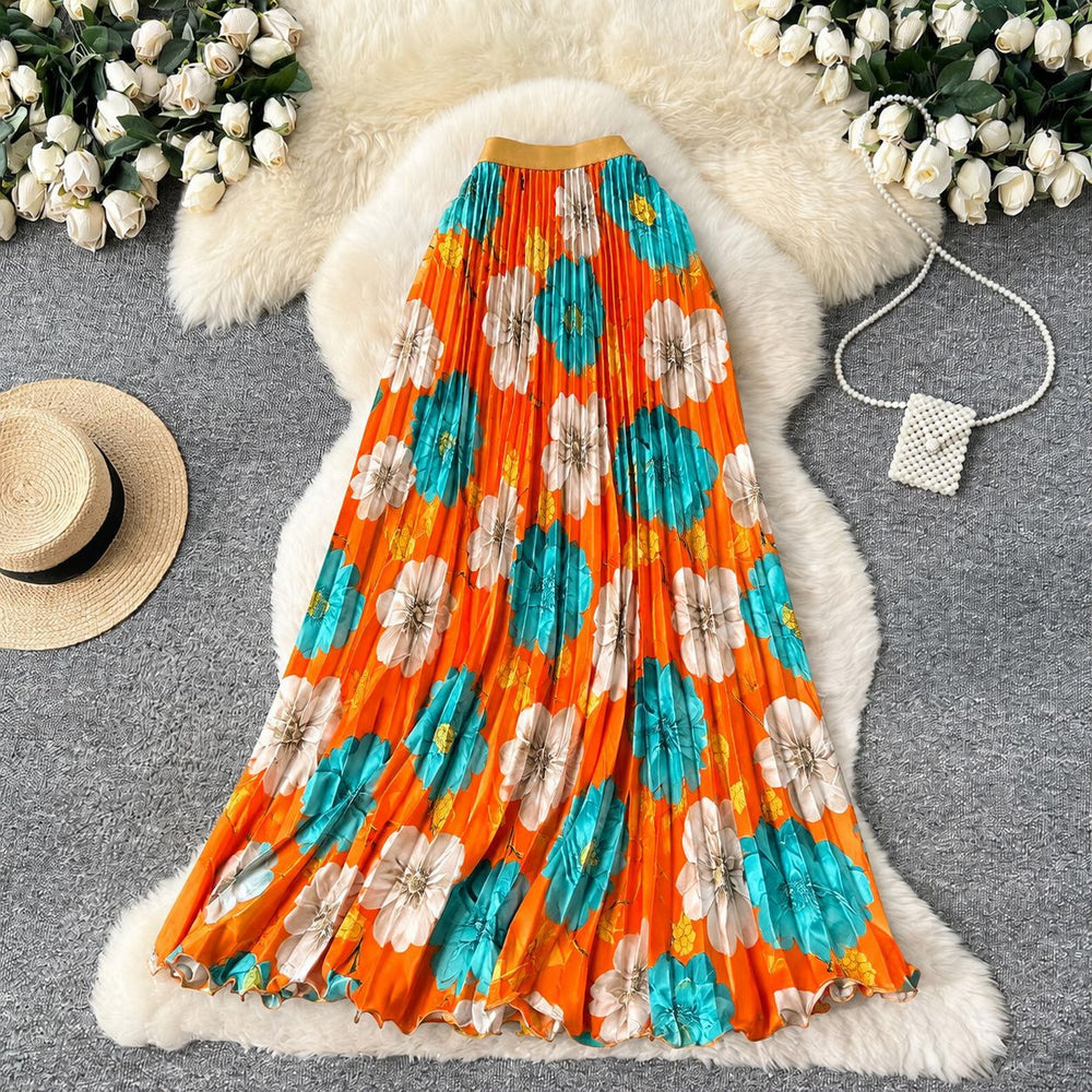fashionretroprintingpleated elastic waist fashion skirt women's high waist a-line skirt work clothing long skirt summer