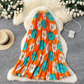fashionretroprintingpleated elastic waist fashion skirt women's high waist a-line skirt work clothing long skirt summer