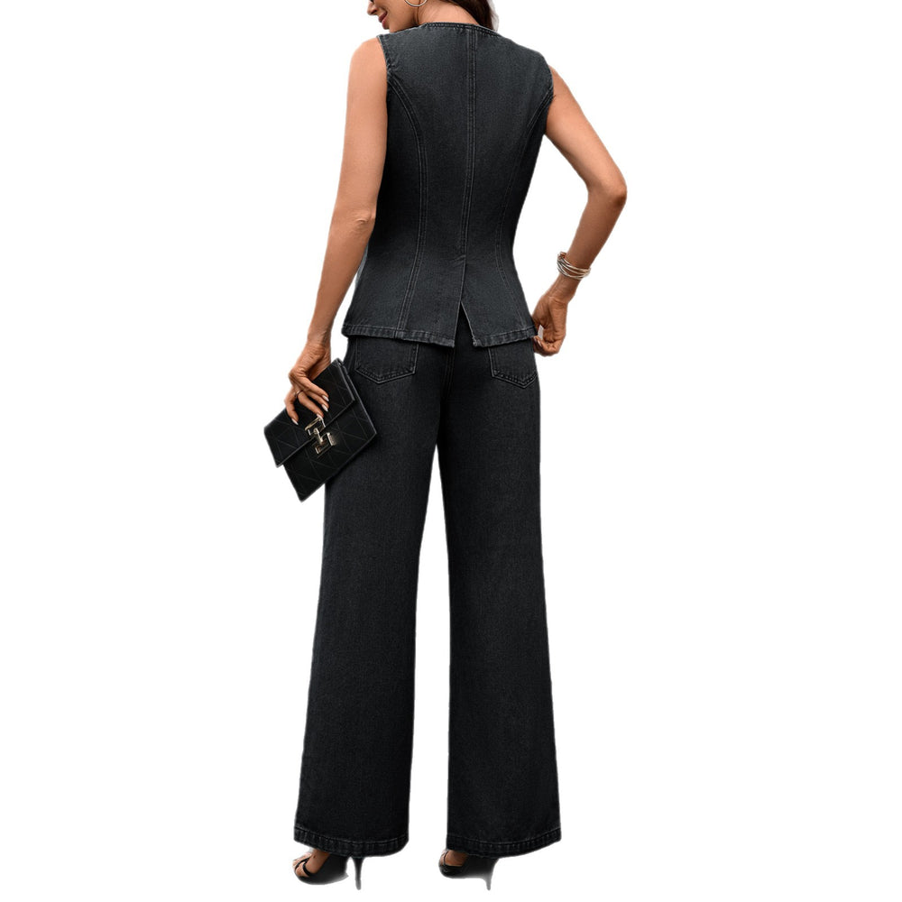 European and american cross-border e-commerce women's autumn new arrivals:  independent store washed fashionable elegant denim sleeveless set