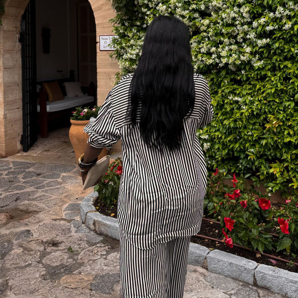 European and american cross-border african women's clothing  summer new fashion striped loose long-sleeved shirt and high-waisted pants set