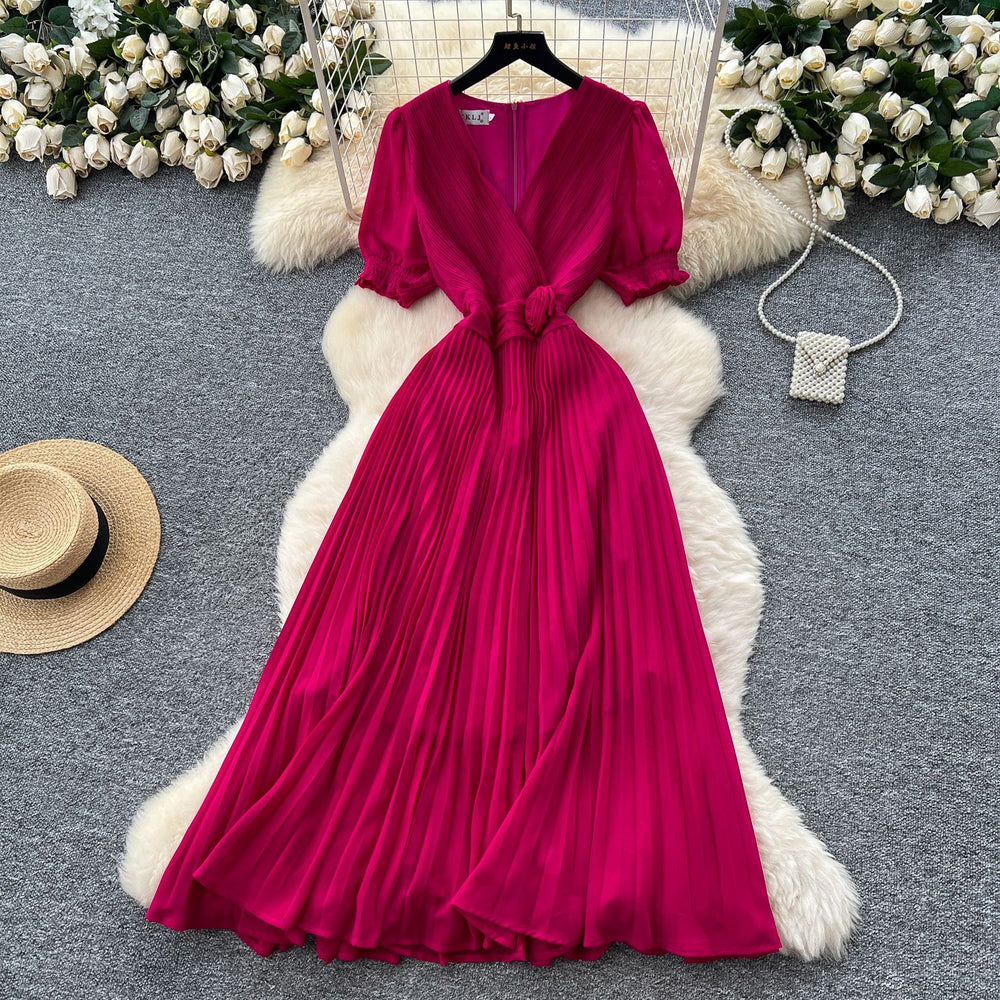 Frenchclassyelegantv neck puff sleeves stereo flower waist pleated dress female summer slimming lookelegant long skirt