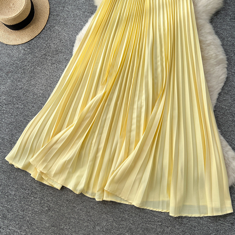 Vacation style haltercut out women's light blue dress women's summerpleated long skirt high waist waist slimming lookelegant skirt
