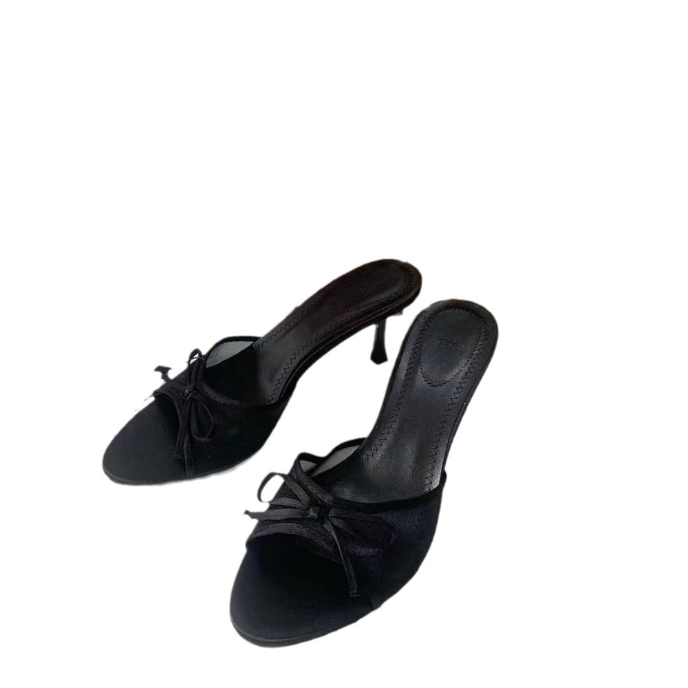 Za summer new 2024 french pointed-toe high heels, single strap bow detail, open toe slingback mules