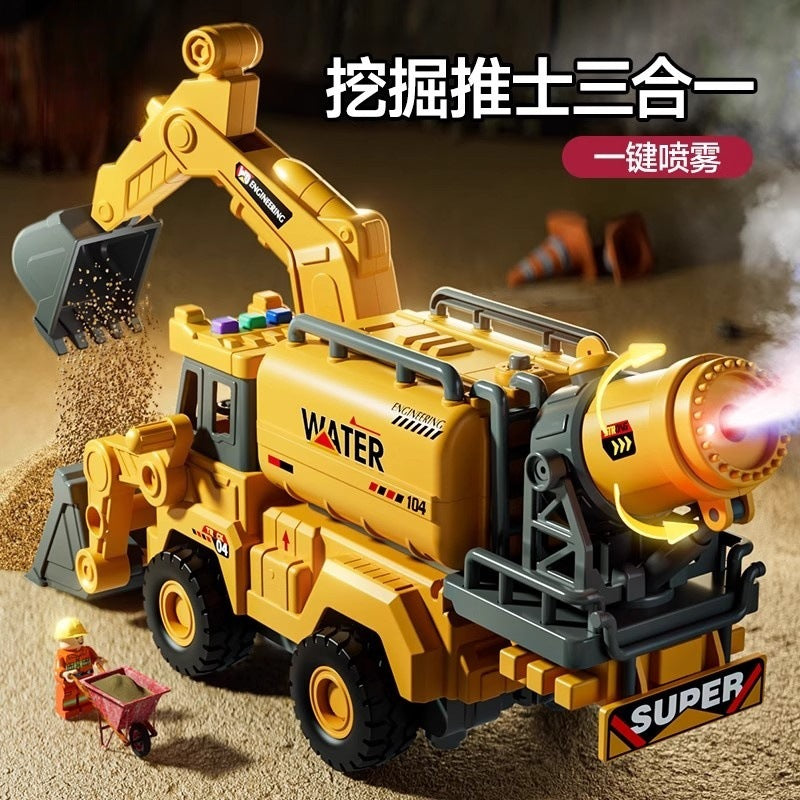 Kids' large-sized spray excavator - boy's digger, fire truck, and water sprinkler construction vehicle with lights and sounds