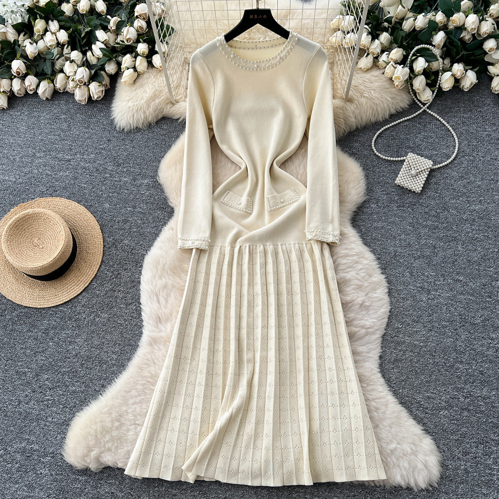 French style beaded round neck long sleeve knitted dress with cutout crochet detail and cinched waist - perfect for layering or as a long sweater dress