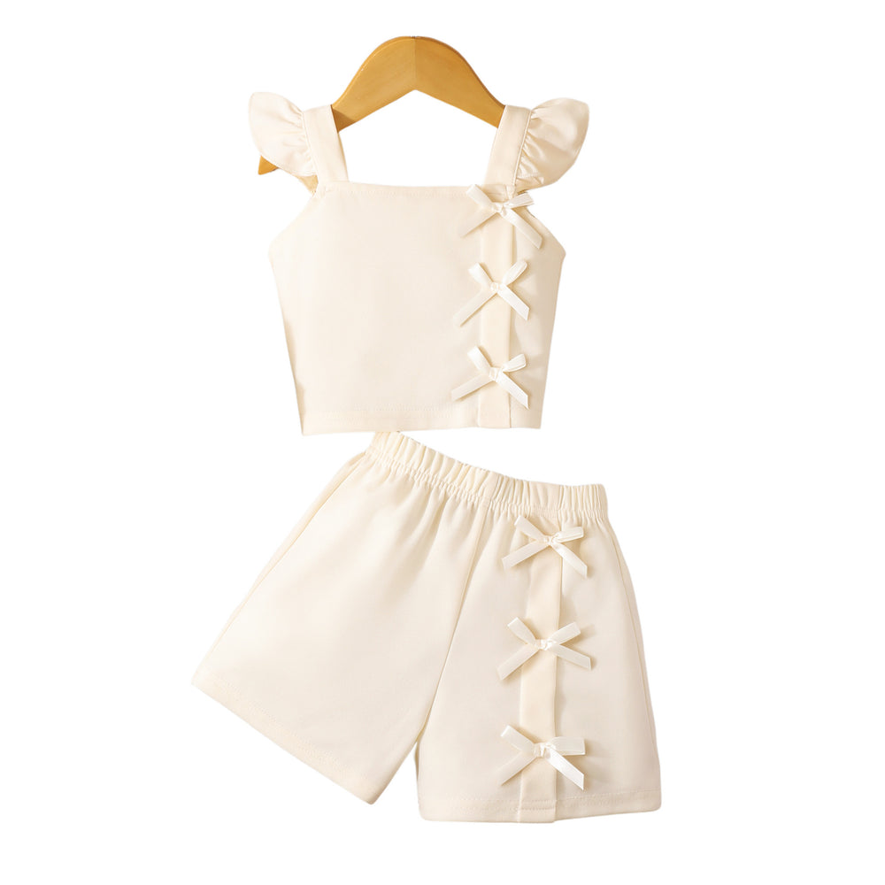 Girls' two-piece outfit: bow-embellished flutter sleeve top + shorts set
