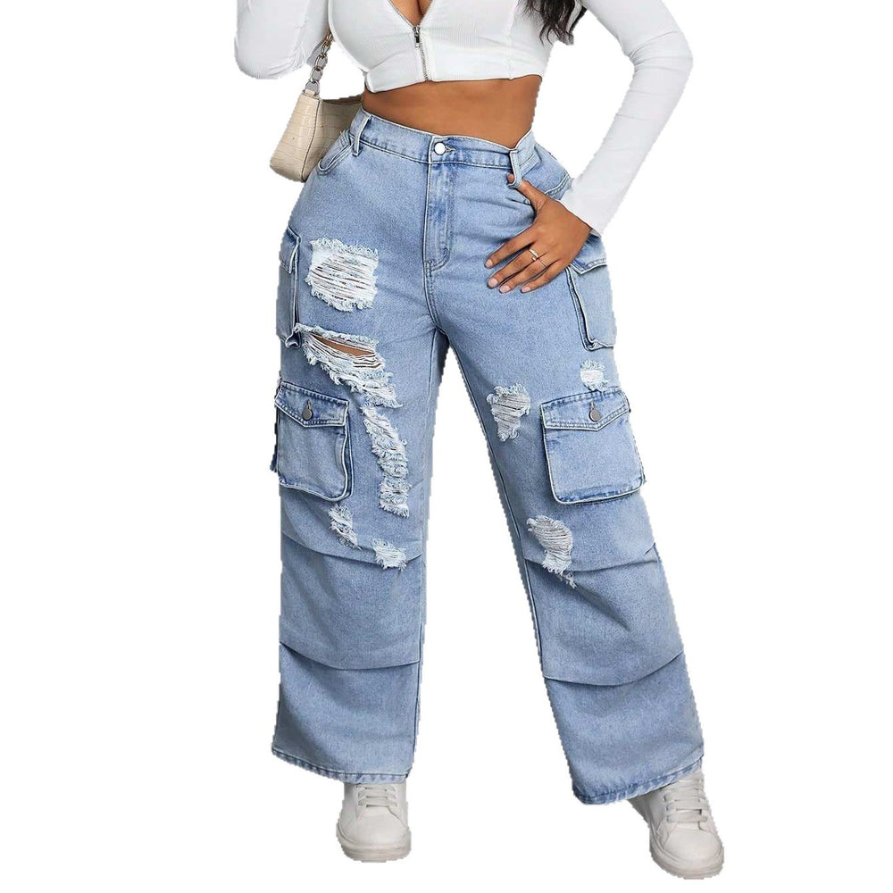 Amazon  fashionplus size women's casual loose workwear pants american high street multi-flap pocket pants jeans