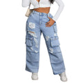 Amazon  fashionplus size women's casual loose workwear pants american high street multi-flap pocket pants jeans