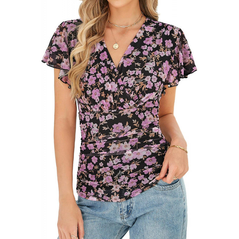 Amazon fashion ruffles sleeve formal casualshirt women's  summer new printing v necktops