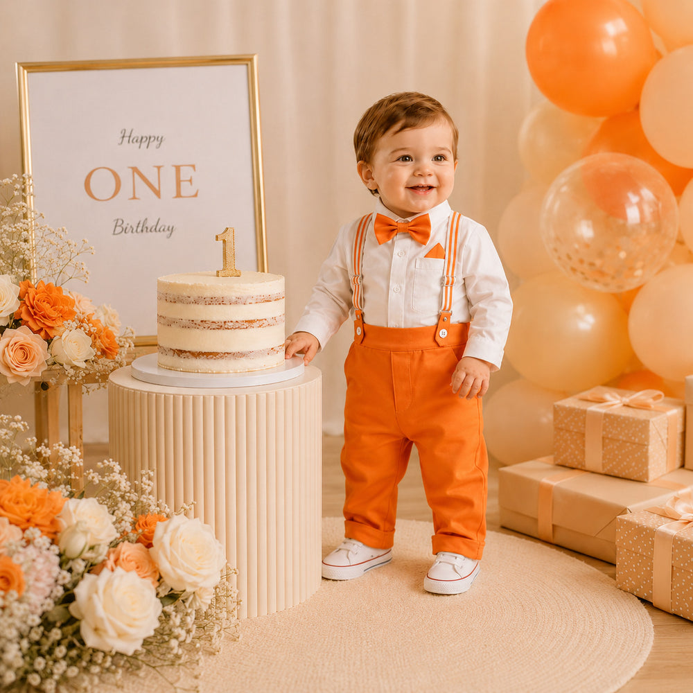 Handsome boyssummersuitwhitelong sleevesshirt suspenderspantstwo-piece setbaby boybirthday dress