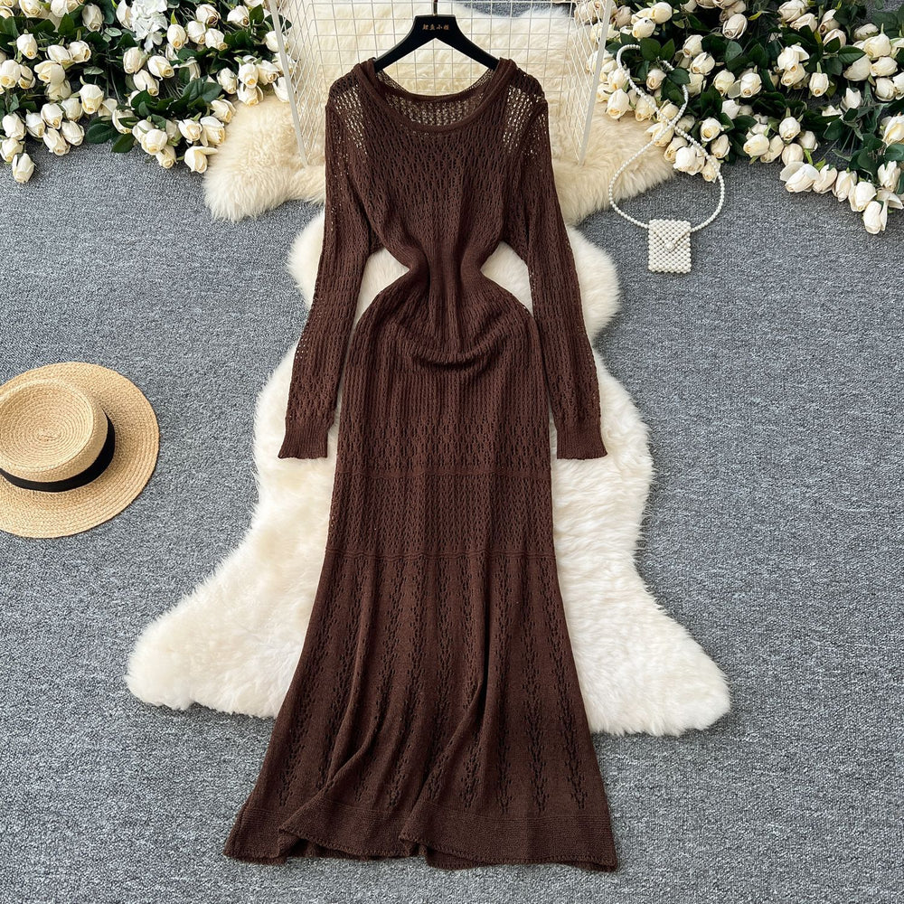 Korean style hollow-out crochet knit dress - women's slimming, long-sleeved dress with inner layer camisole two-piece set