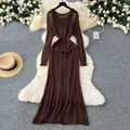 Korean style hollow-out crochet knit dress - women's slimming, long-sleeved dress with inner layer camisole two-piece set