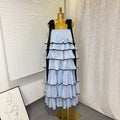 spring new sleeveless solid color wide strap long loose ruffle tiered cake dress