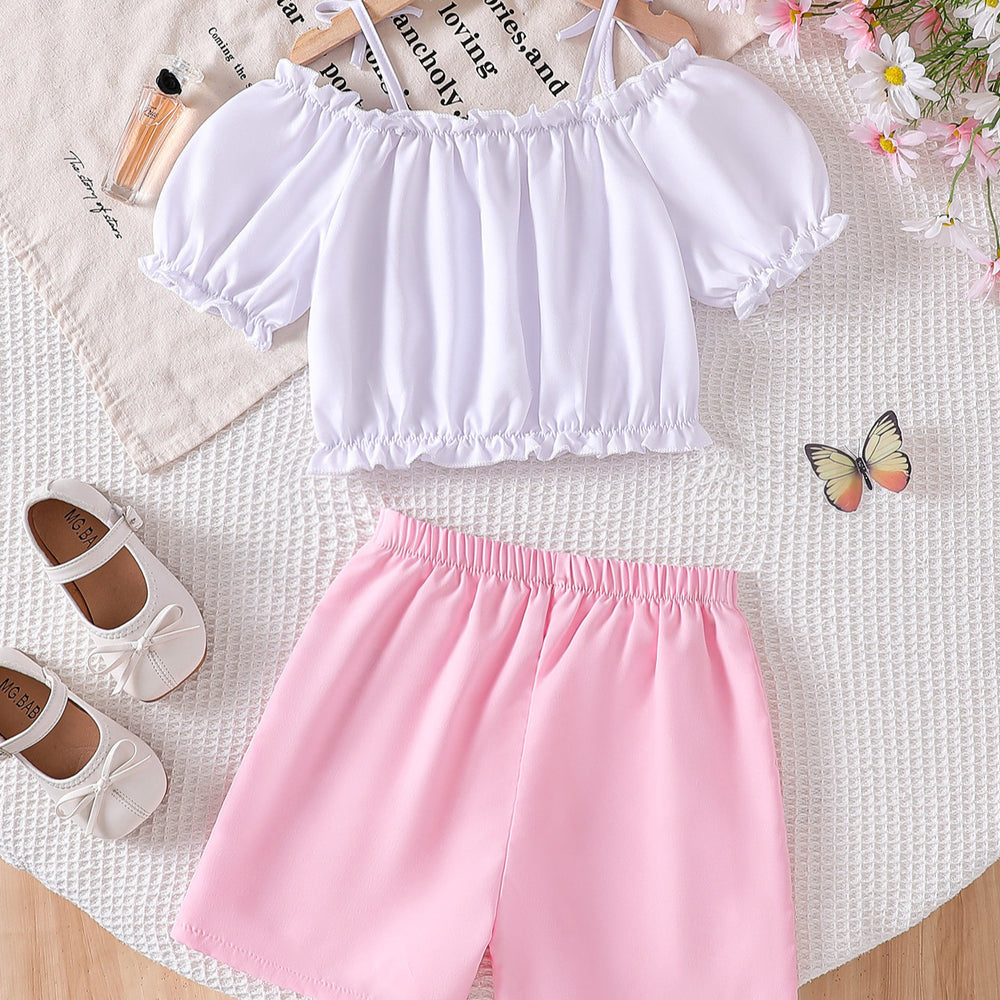 Girls' off-the-shoulder puff sleeve floral cami and shorts set - summer kids' sweet floral casual outfit