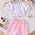 Girls' off-the-shoulder puff sleeve floral cami and shorts set - summer kids' sweet floral casual outfit