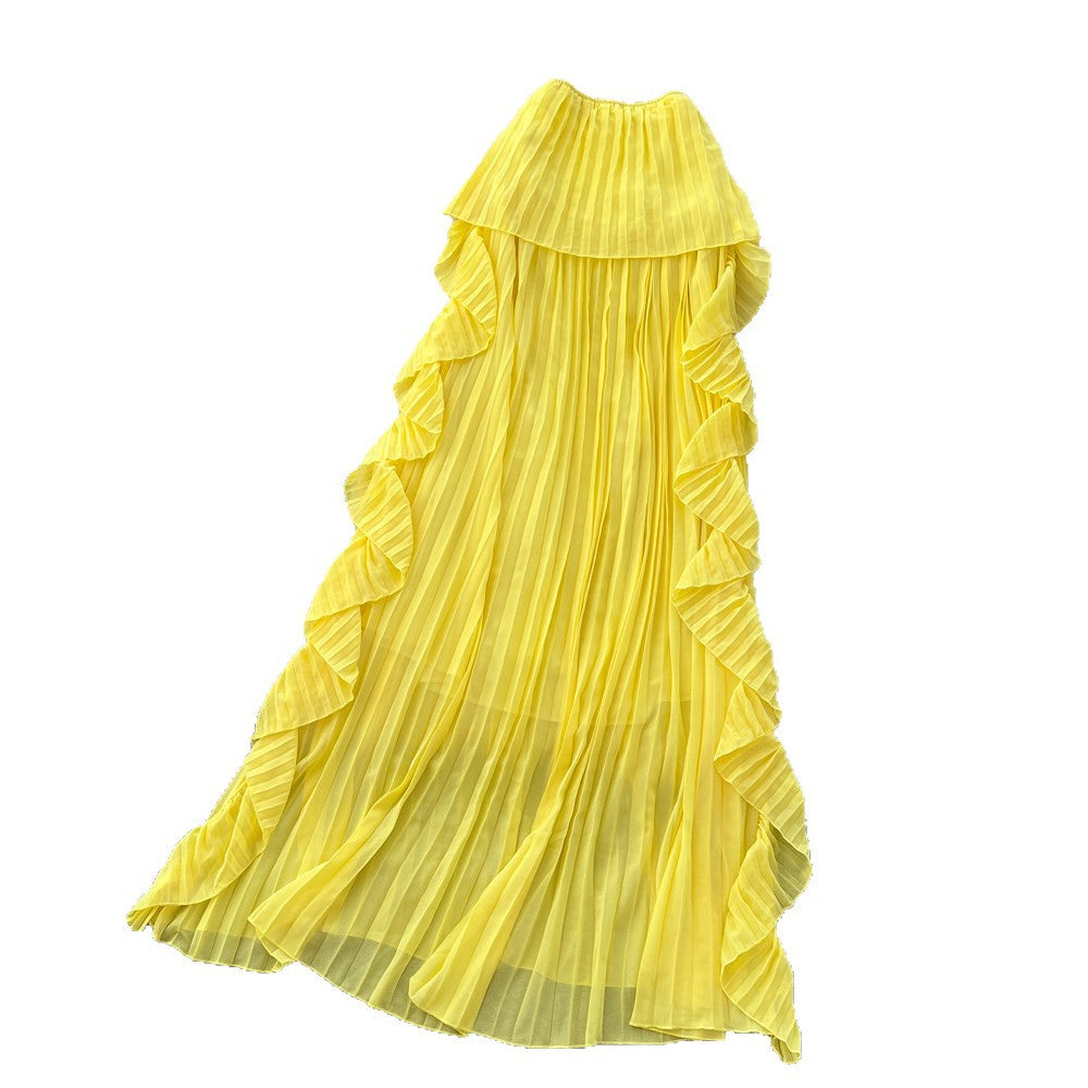 Vacation-style yellow tube top, loose-fitting sleeveless dress for women, summer ruffle trim halter neck design, french-inspired maxi dress