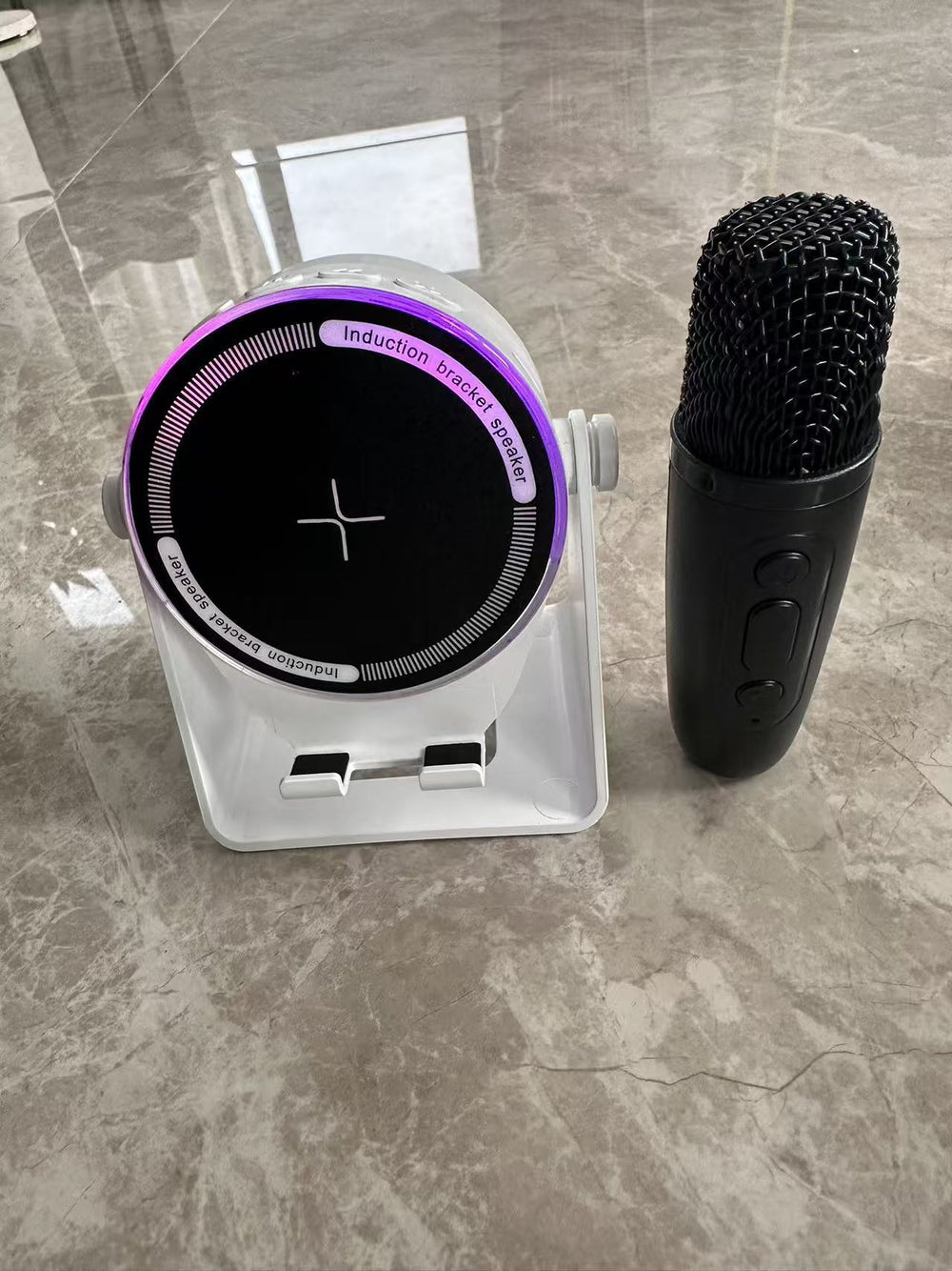 multifunctional smart bluetooth speaker with built-in microphone for karaoke, desktop live streaming, and phone stand