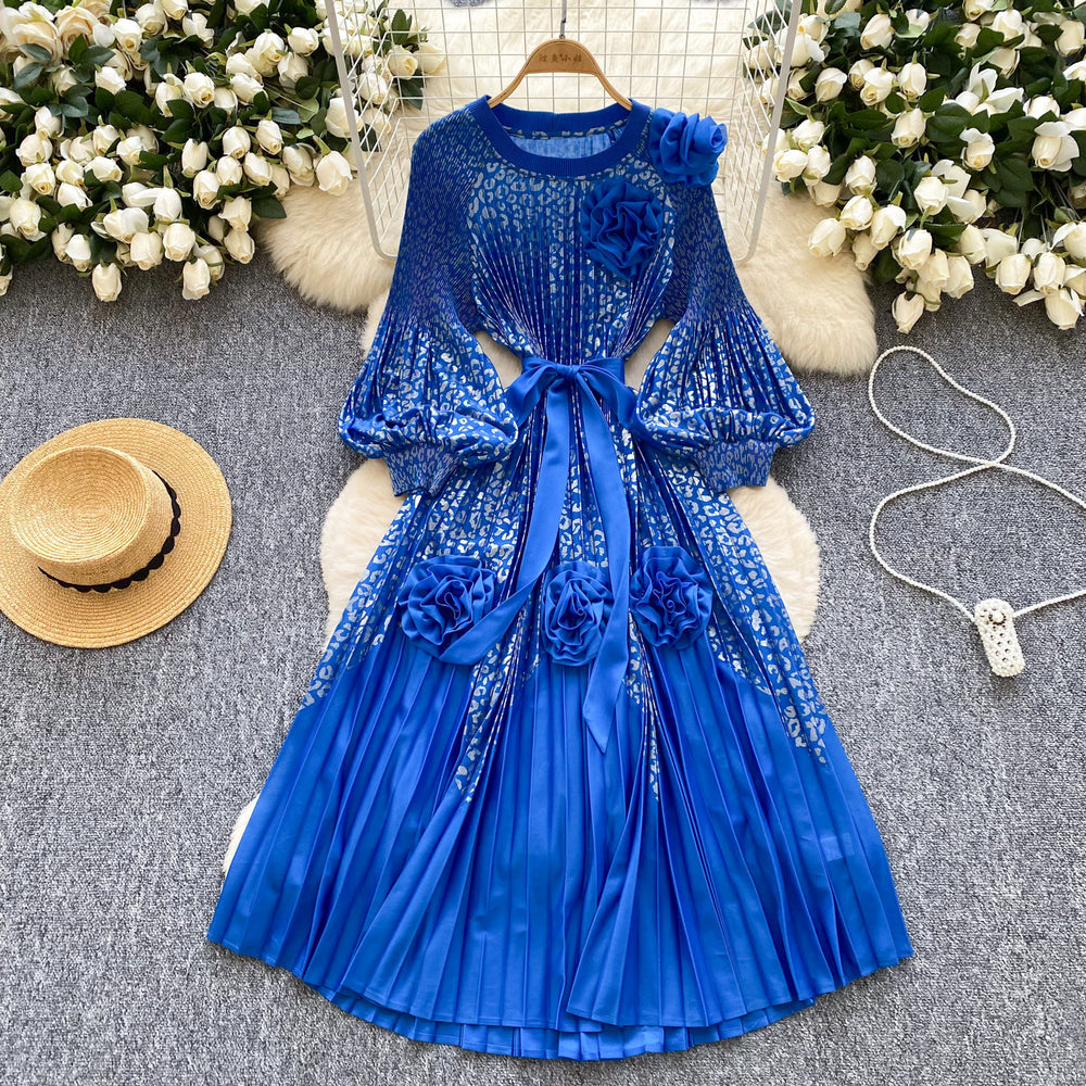 Palace style classyprinting lantern sleeve dress women's spring strap stereo flower pleated super fairy long skirt
