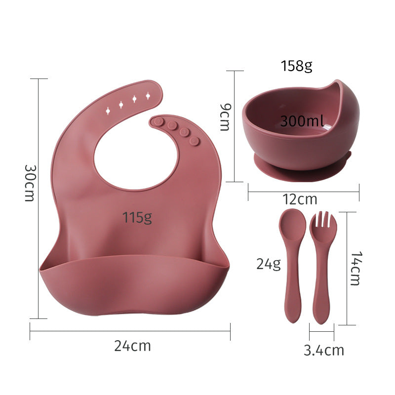 hot-selling silicone tableware suit baby kids bib suction cup bowl fork spoon suit saliva pocket dinner plate suit