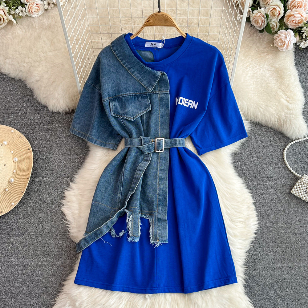 Retro hong kong style elegant waist with belt round neck color matching denim shirt spring new arrivalchiccasual medium length tops
