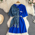 Retro hong kong style elegant waist with belt round neck color matching denim shirt spring new arrivalchiccasual medium length tops
