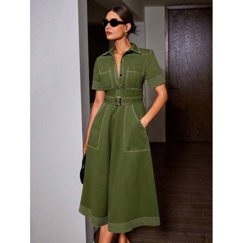 fashionautumretro lapel casualpatchwork button flap pocket pants design silm short-sleeved dress