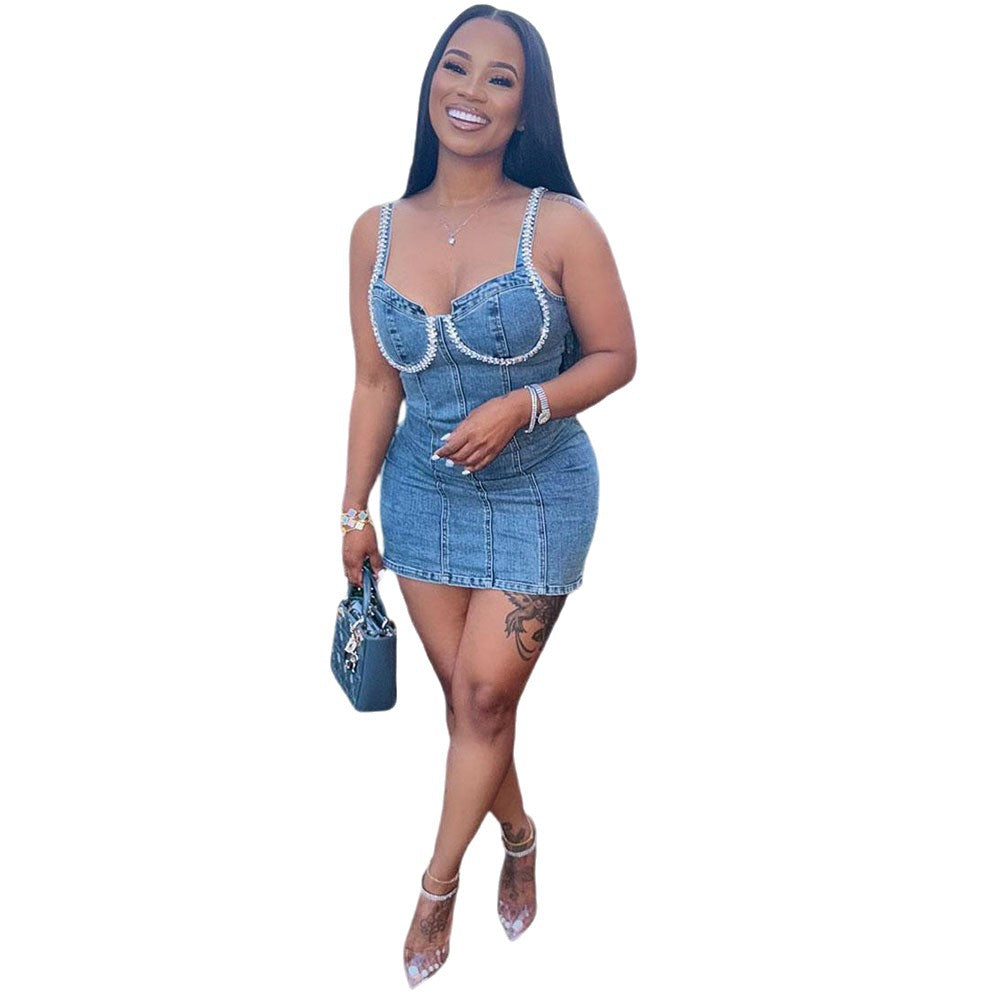 European and american style denim cami dress -  cross-border women's summer new fashion sexy rhinestone mini dress