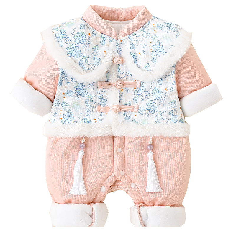 Baby autumn/winter chinese style romper, newborn girl cute princess full month hanfu, fleece-lined quilted outfit