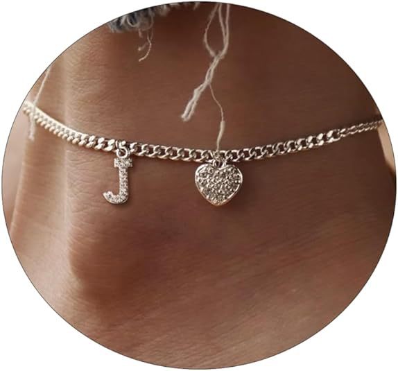 Amazon exquisite silver initial anklet - minimalist personalized letter anklet with cz heart cuban chain