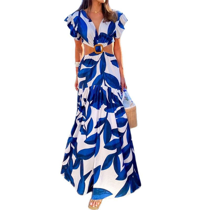 summer new women's clothing  cross-border fashion printed sexy v-neck ruffle sleeve cutout dress
