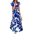 summer new women's clothing  cross-border fashion printed sexy v-neck ruffle sleeve cutout dress