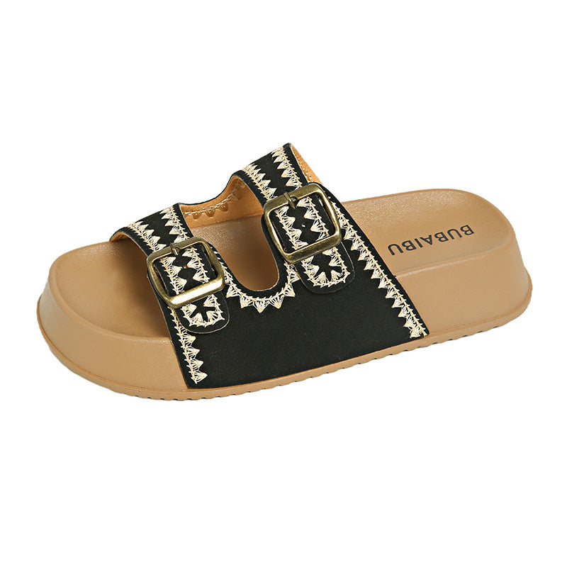 Thick sole heightened slippers women's slippers summer new arrival one-leg retro buckle embroideroutwearfashion birkenstock shoes