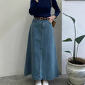 Vintage blue washed midi skirt - women's high-waisted a-line denim skirt - casual, versatile, slimming, non-stretch maxi skirt
