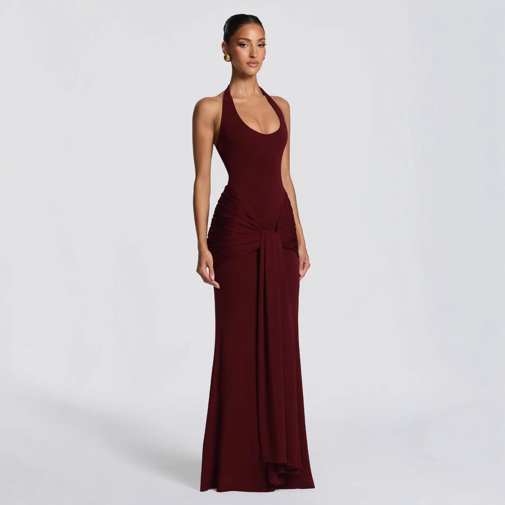 2026 cross-border women's fashion: new european and american style flowy ribbon spliced camisole maxi dress - slim fit bodycon halter neck evening gown