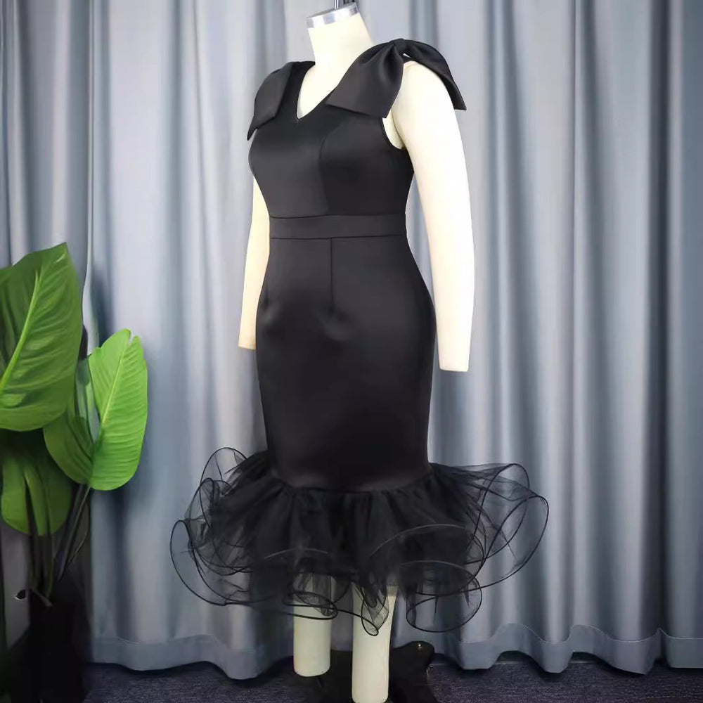 Am030318 new v-neck sleeveless bow dress - designer style mesh gown dress