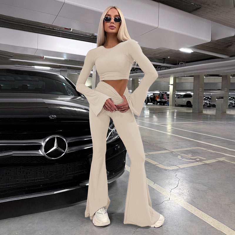 European and american cross-border women's fashion:  autumn new collection - solid color crew neck flared long sleeve top and skinny flare pants two-piece set