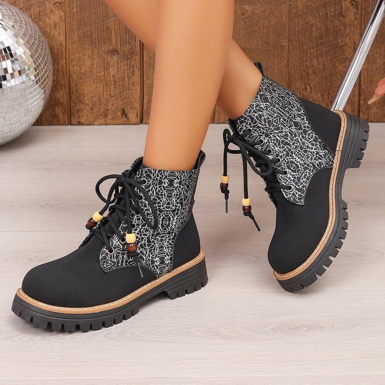Women's chunky heel ankle boots for cross-border e-commerce, new spring/autumn  collection, roman style printed lace-up casual booties