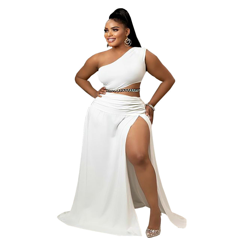 supply european and american clothing  pure color asymmetrical one-shoulder tops large slit floor-length skirt suit