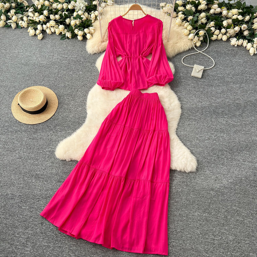 Gentle wind age-reducing suit women's springfrench strap waist round neck long sleevesshirt + high waistdraped skirt