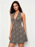 new cross-border leopard print halter dress for women - summer lace trim v-neck slimming a-line mini dress