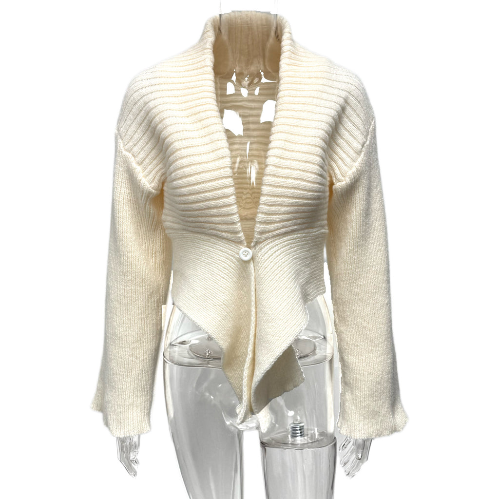Cross-border Europe, America and the United States in the autumn of 2025 new light luxury solid color buckle irregular hem knitted cardigan jacket