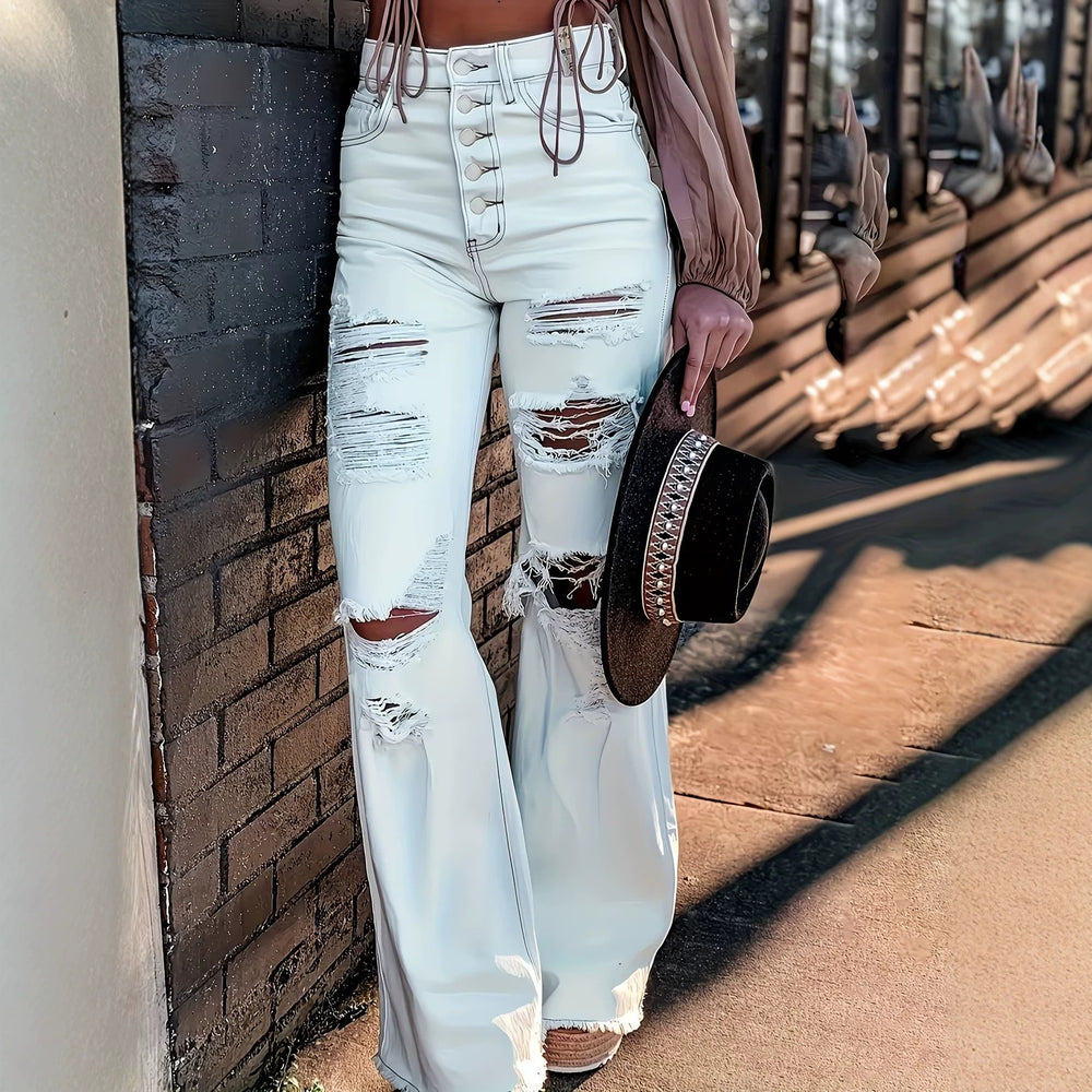 Fashion style white big hole micro-flared jeans women's high waist buttoned elastic slimming look hot girl high street style horn