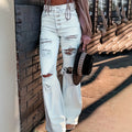 Fashion style white big hole micro-flared jeans women's high waist buttoned elastic slimming look hot girl high street style horn
