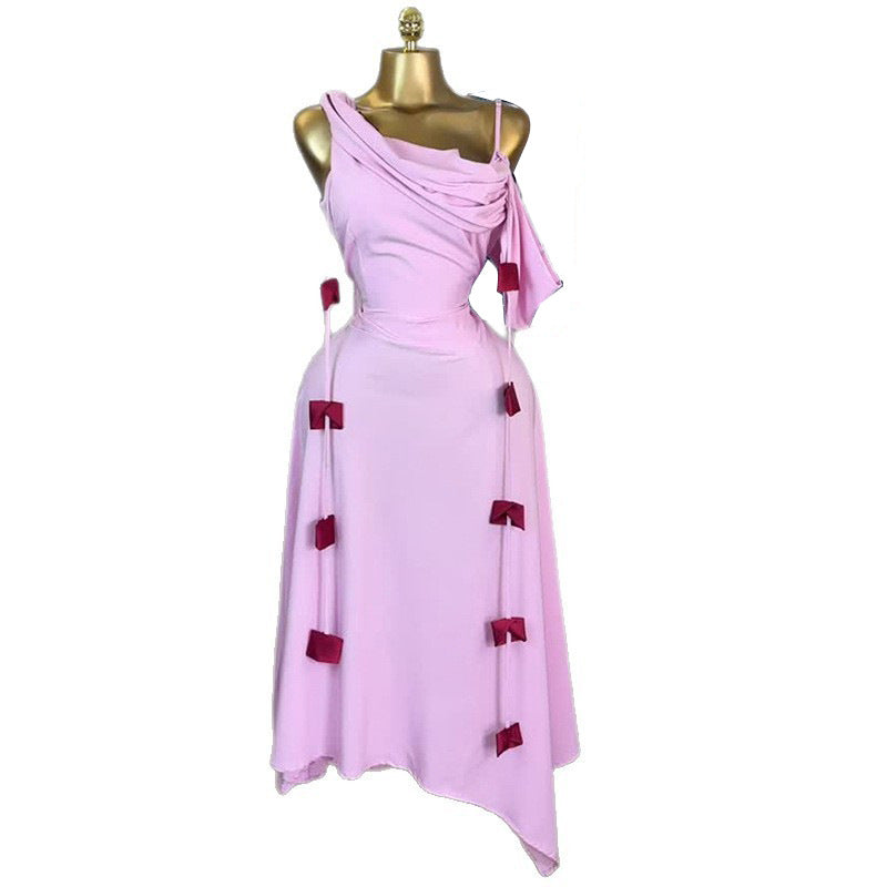 European and american cross-border women's fashion:  summer new arrival - elegant one-shoulder camisole high-waisted slimming decorative midi dress