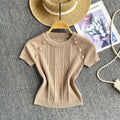 Fashion hot girl knitting round neck t-shirt women's summer thin shortslimming looksense of designeasiest for match fried street pure desiretops